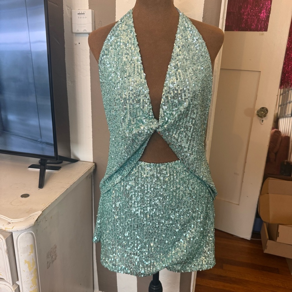 in the mood for love asben seafoam sequin mini dress